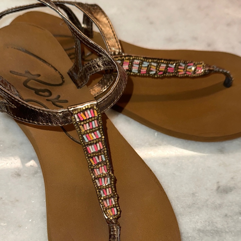 Roxy Bronze and Pink Beaded Sandals
